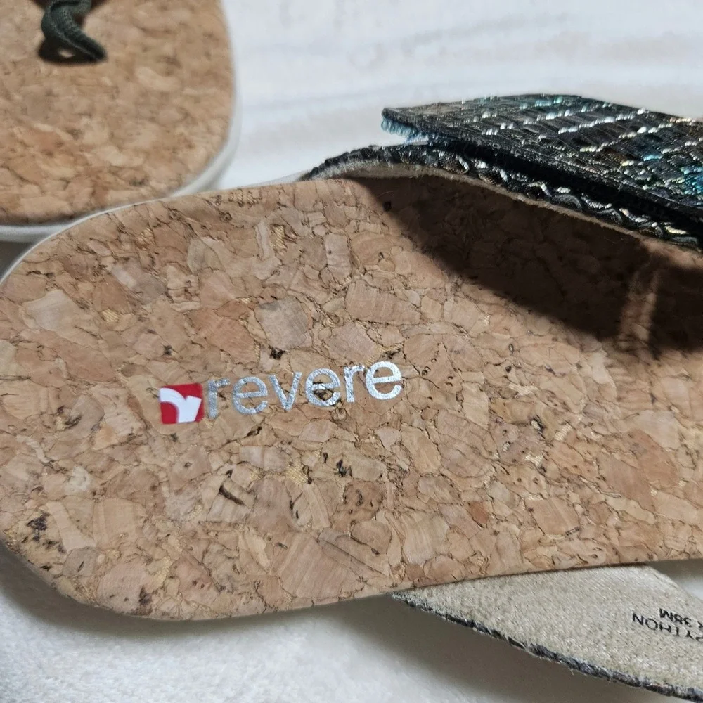 Revere Napoli Peacock Python Orthotic Thong Sandals Womens 7 Metallic Green Cork